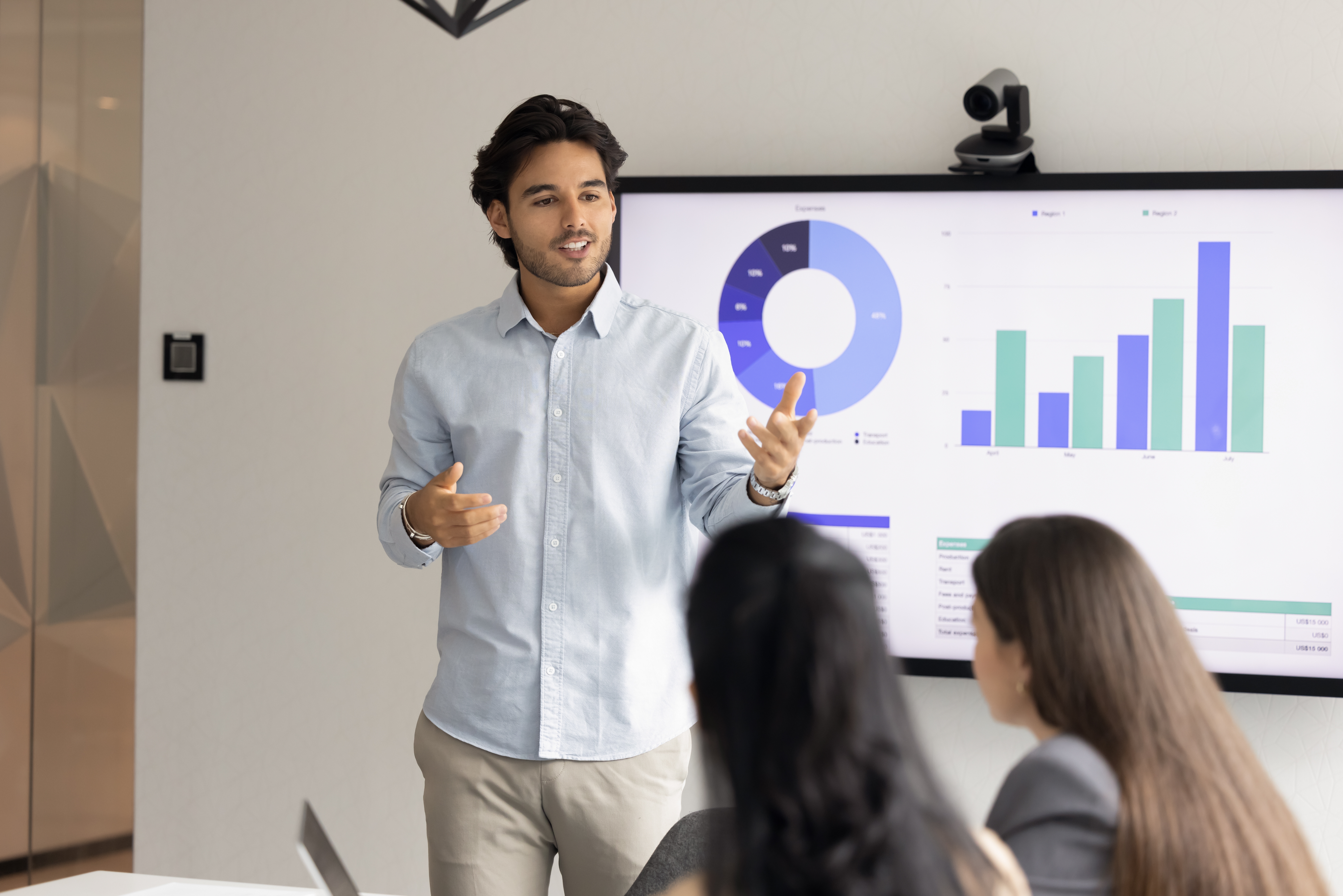A young business professional leading a team meeting